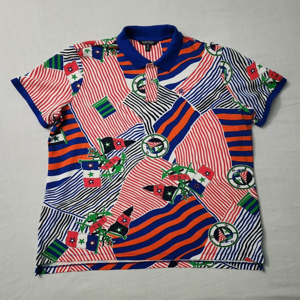LAUREN RALPH LAUREN Size 2X Nautical Anchor Flag Print Polo Shirt Blue Orange